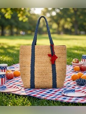 No Boundaries Jute Tote Bag Denim Yarrow with Navy Straps & Lobster‎ Tassel-NWT